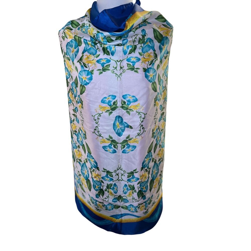 Vintage Woman Scarf Godiva Blue White‎ Green Yellow Silk Morning Glory Classic
